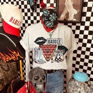 Graphic 'Baddie' Route 66 Tee in Heather Gray Small-3X